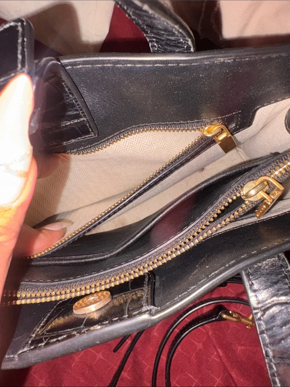 Tory Burch Black Croc-Embossed Satchel with Gold Logo